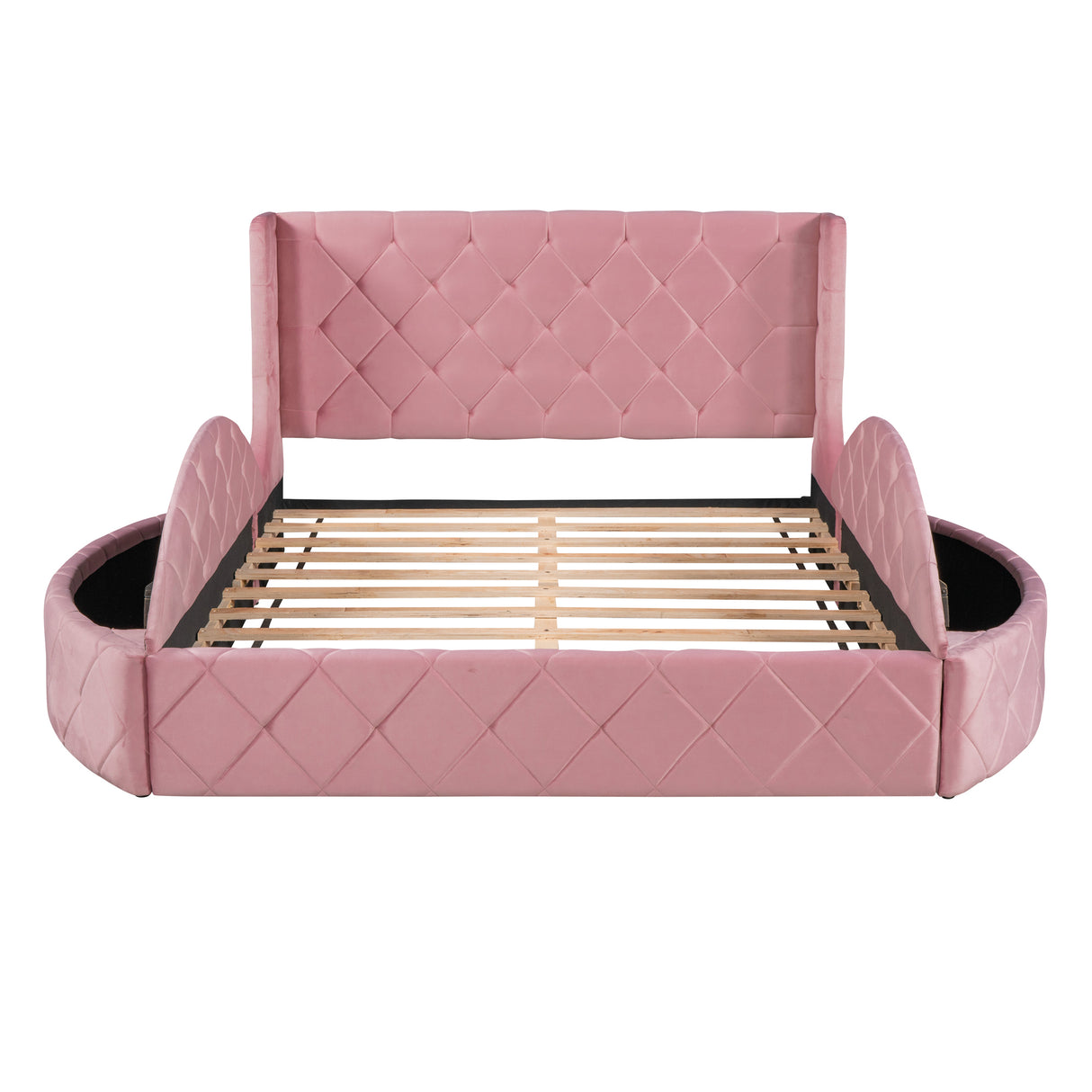 Upholstered Platform Bed Queen Size Storage Velvet Bed with Wingback Headboard and 1 Big Drawer,2 Side Storage Stool(Pink) - Home Elegance USA