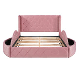 Upholstered Platform Bed Queen Size Storage Velvet Bed with Wingback Headboard and 1 Big Drawer,2 Side Storage Stool(Pink) - Home Elegance USA