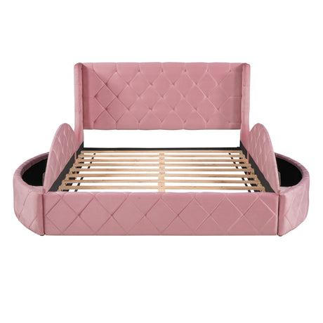 Upholstered Platform Bed Queen Size Storage Velvet Bed with Wingback Headboard and 1 Big Drawer,2 Side Storage Stool(Pink) - Home Elegance USA