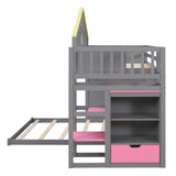 Twin over Full House Bunk Bed with Pink Staircase and Drawer,  Shelves Under the Staircase, House Shaped Bed with Windows, Gray - Home Elegance USA