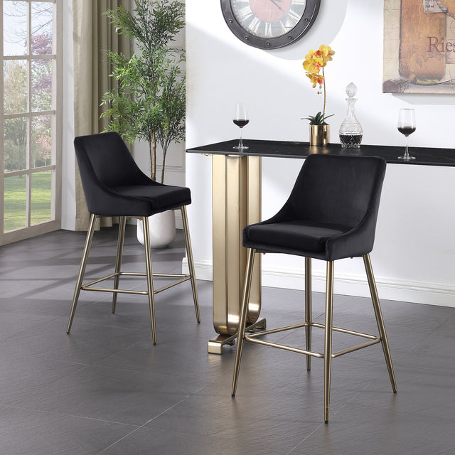Woker Furniture Contemporary Velvet Upholstered Counter Stool with Brushed Gold Metal Legs and Foot Rest, Set of 2, Black - Home Elegance USA