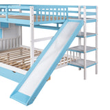 Full-Over-Full Castle Style Bunk Bed with 2 Drawers 3 Shelves and Slide - Blue