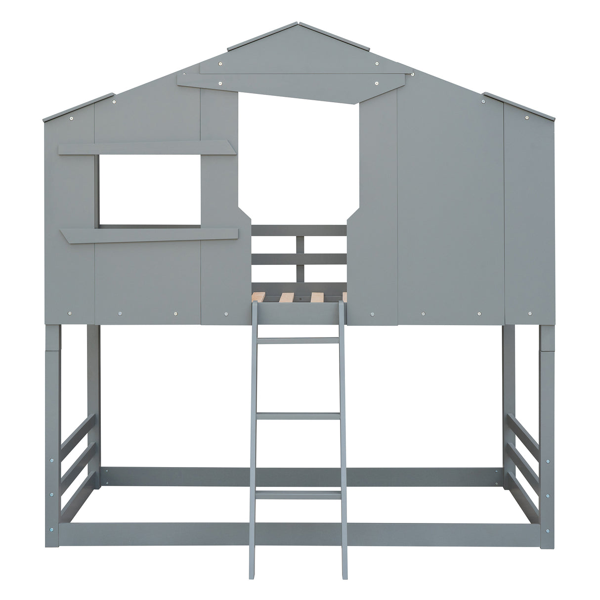 Twin Over Twin House Bunk Bed With Ladder, Wood Bed-Gray - Home Elegance USA