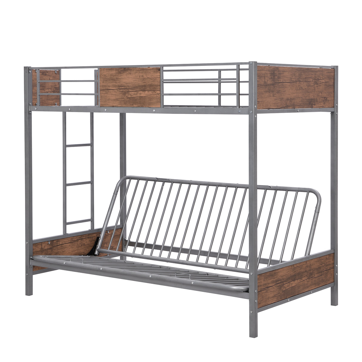 Twin-Over-Futon Bunk Bed, Metal Futon Bunk Bed Frame with Guardrails and Ladder(Gray)(OLD SKU:LP000096AAE) - Home Elegance USA