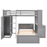 Twin size Loft Bed with a Stand-alone bed, Shelves,Desk,and Wardrobe-Gray - Home Elegance USA