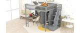 Full size Loft Bed with Bookshelf,Drawers,Desk,and Wardrobe-Gray - Home Elegance USA