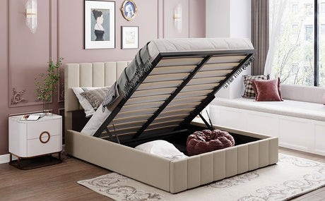 Queen size Upholstered Platform bed with a Hydraulic Storage System - Beige - Home Elegance USA