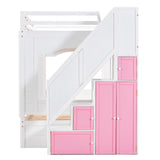 Full Over Full Bunk Bed with Trundle ,Stairs,Ladders Solid Wood Bunk bed with Storage Cabinet （White + Pink） - Home Elegance USA