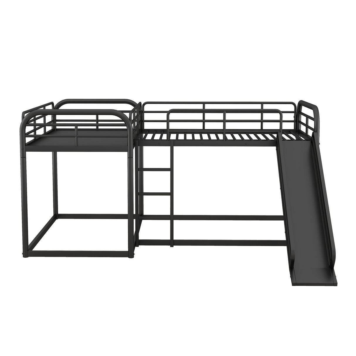 Full and Twin Size L-Shaped Bunk Bed with Slide and Short Ladder, Black - Home Elegance USA