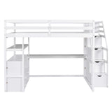 Full Size Loft Bed with Desk and Shelves, Two Built-in Drawers, Storage Staircase, White