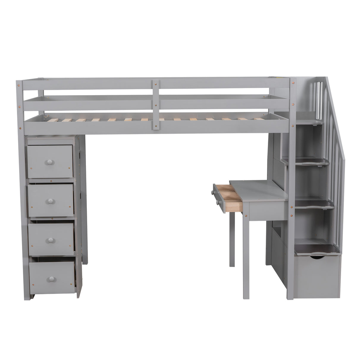 Twin size Loft Bed with Storage Drawers ,Desk and Stairs, Wooden Loft Bed with Shelves - Gray - Home Elegance USA