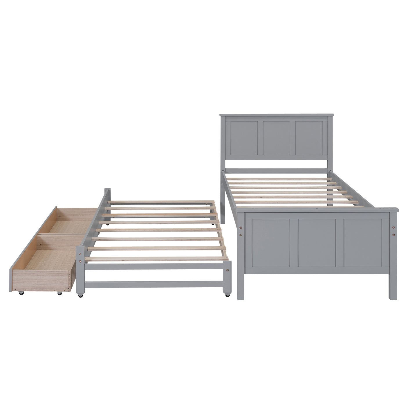 Twin Size Platform Bed with Trundle and Drawers, Gray - Home Elegance USA