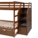 Full-over-Full Bunk Bed with Twin Size Trundle and 3 Storage Stairs,Walnut - Home Elegance USA