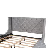 Upholstered Platform Bed Queen Size Storage Velvet Bed with Wingback Headboard and 1 Big Drawer,2 Side Storage Stool(Gray) - Home Elegance USA