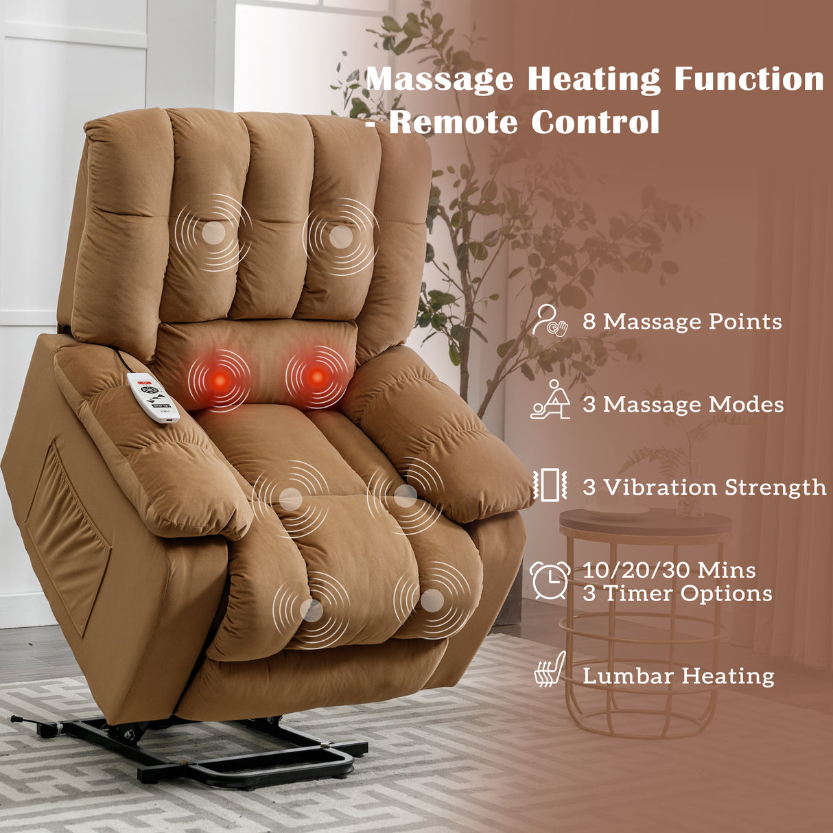 Massage Recliner Chair Electric Power Lift Recliner Chairs with Heat, Vibration, Side Pocket for Living Room, Bedroom, Light Brown Home Elegance USA