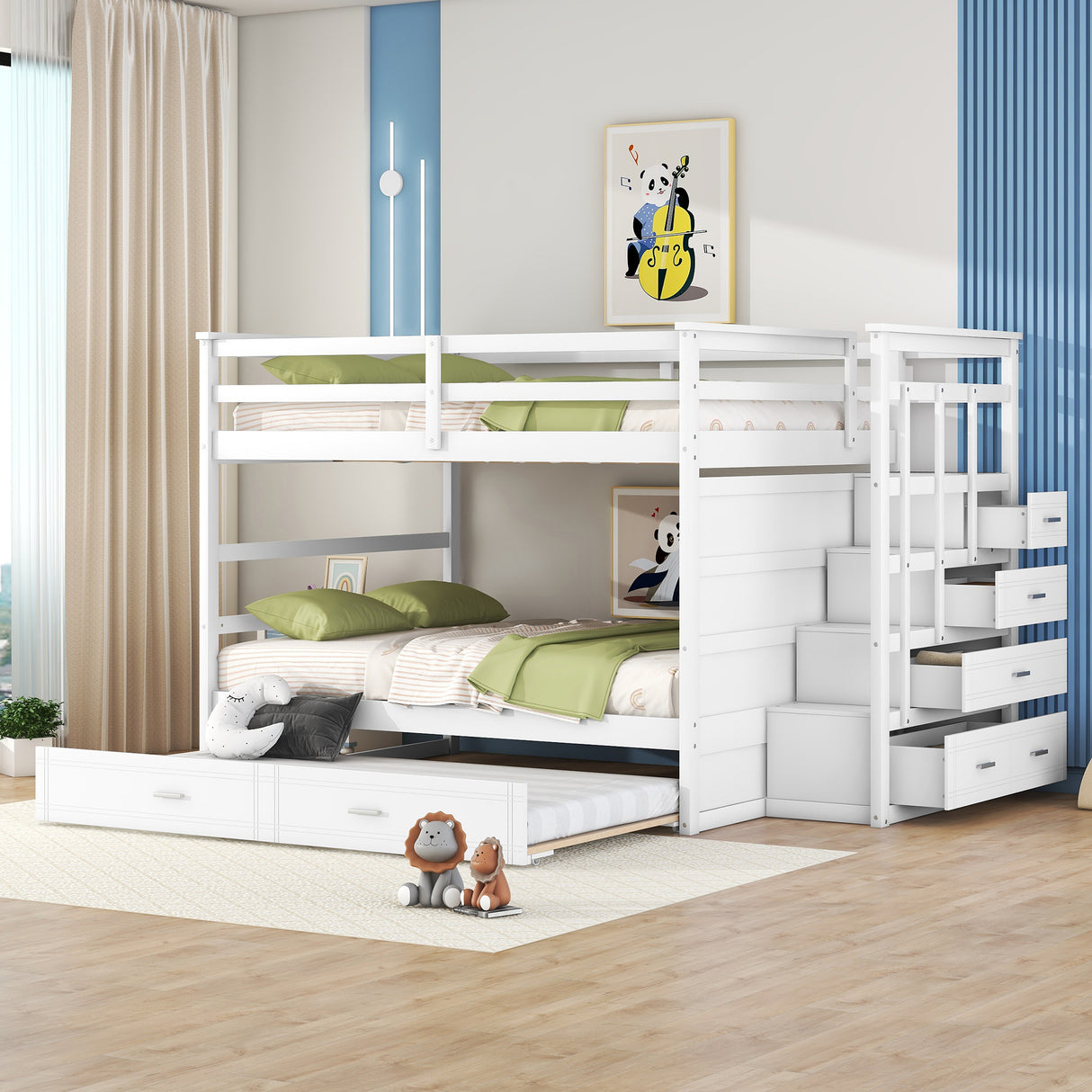 Full Over Full Bunk Bed with Twin Size Trundle and Staircase, White - Home Elegance USA