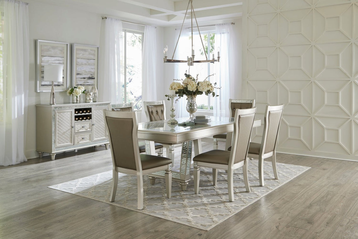 Glamorous Style Dining 7pc Set Champagne Finish Table w Leaf Glass Insert Top Upholstered Tufted 6x Side Chairs Traditional Dining Room Furniture - Home Elegance USA