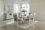 Glamorous Style Dining 7pc Set Champagne Finish Table w Leaf Glass Insert Top Upholstered Tufted 6x Side Chairs Traditional Dining Room Furniture - Home Elegance USA