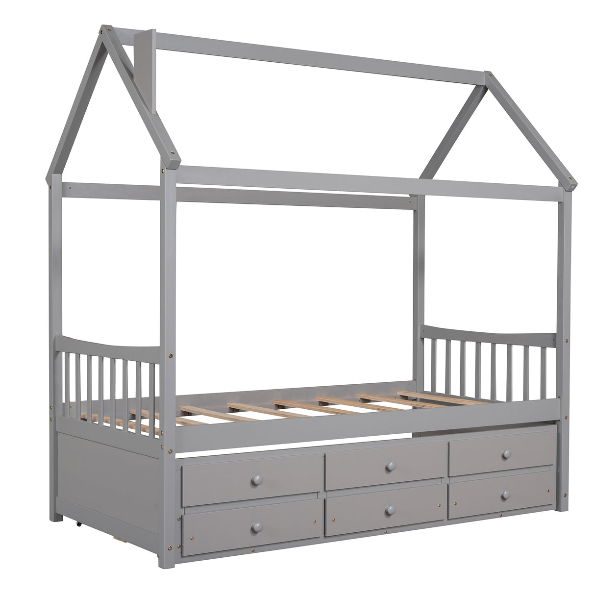 Twin size Wooden House Bed with Trundle and 3 Storage Drawers-Gray - Home Elegance USA