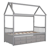 Twin size Wooden House Bed with Trundle and 3 Storage Drawers-Gray - Home Elegance USA