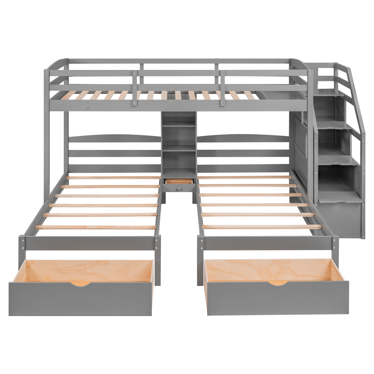 Twin over Twin&Twin Bunk Bed, Triple Bunk Bed with Drawers, Staircase with Storage, Built-in Shelves, Gray - Home Elegance USA