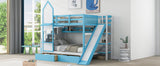 Full-Over-Full Castle Style Bunk Bed with 2 Drawers 3 Shelves and Slide - Blue