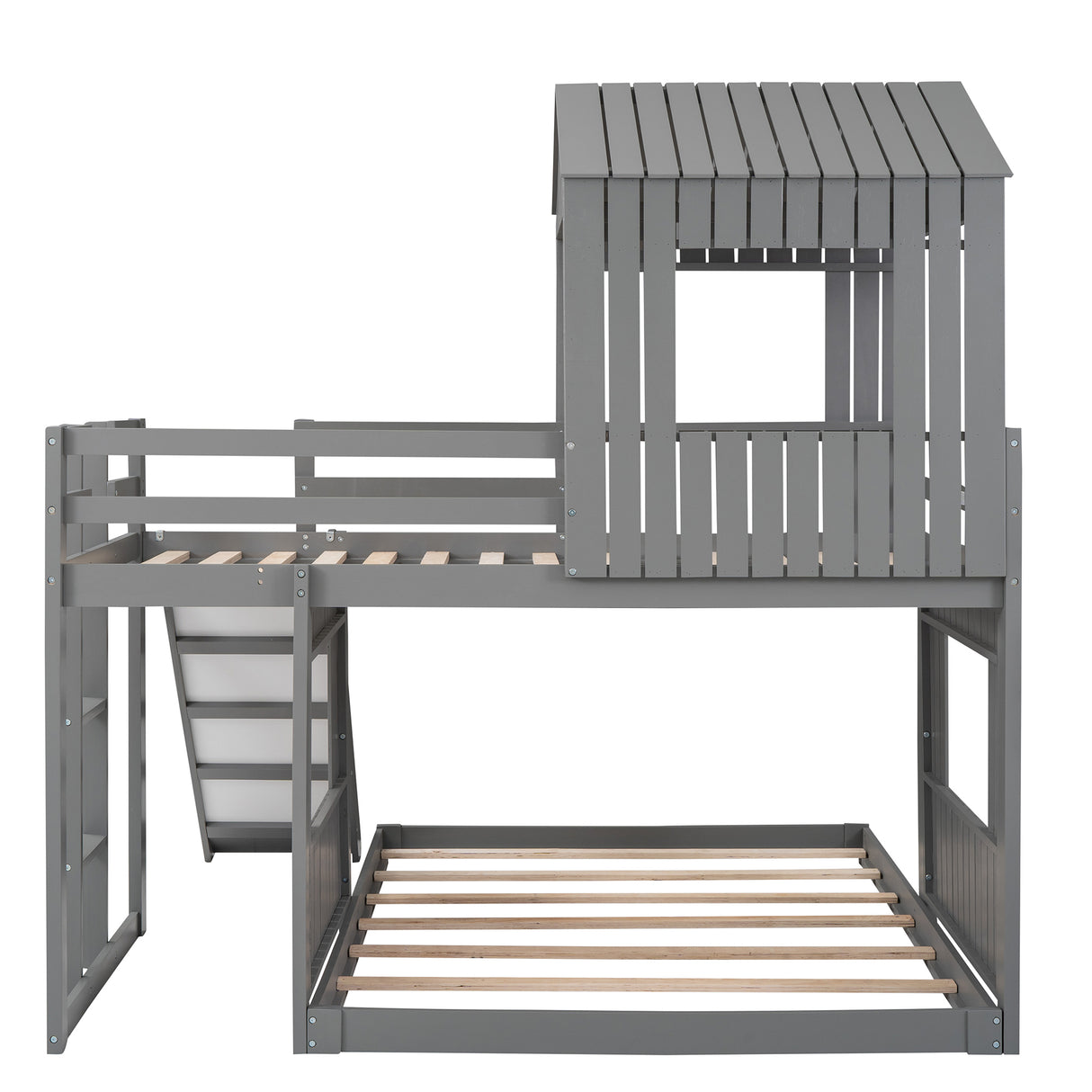 Wooden Twin Over Full Bunk Bed, Loft Bed with Playhouse, Farmhouse, Ladder, Slide and Guardrails, Gray(OLD SKU :LT000028AAN) - Home Elegance USA