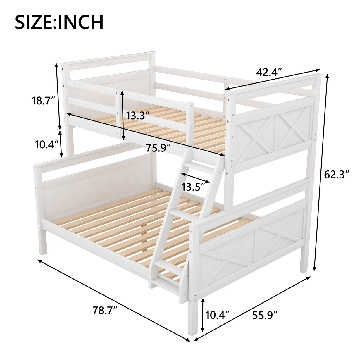 Twin over Full Bunk Bed with ladder, Safety Guardrail, Perfect for Bedroom, White - Home Elegance USA