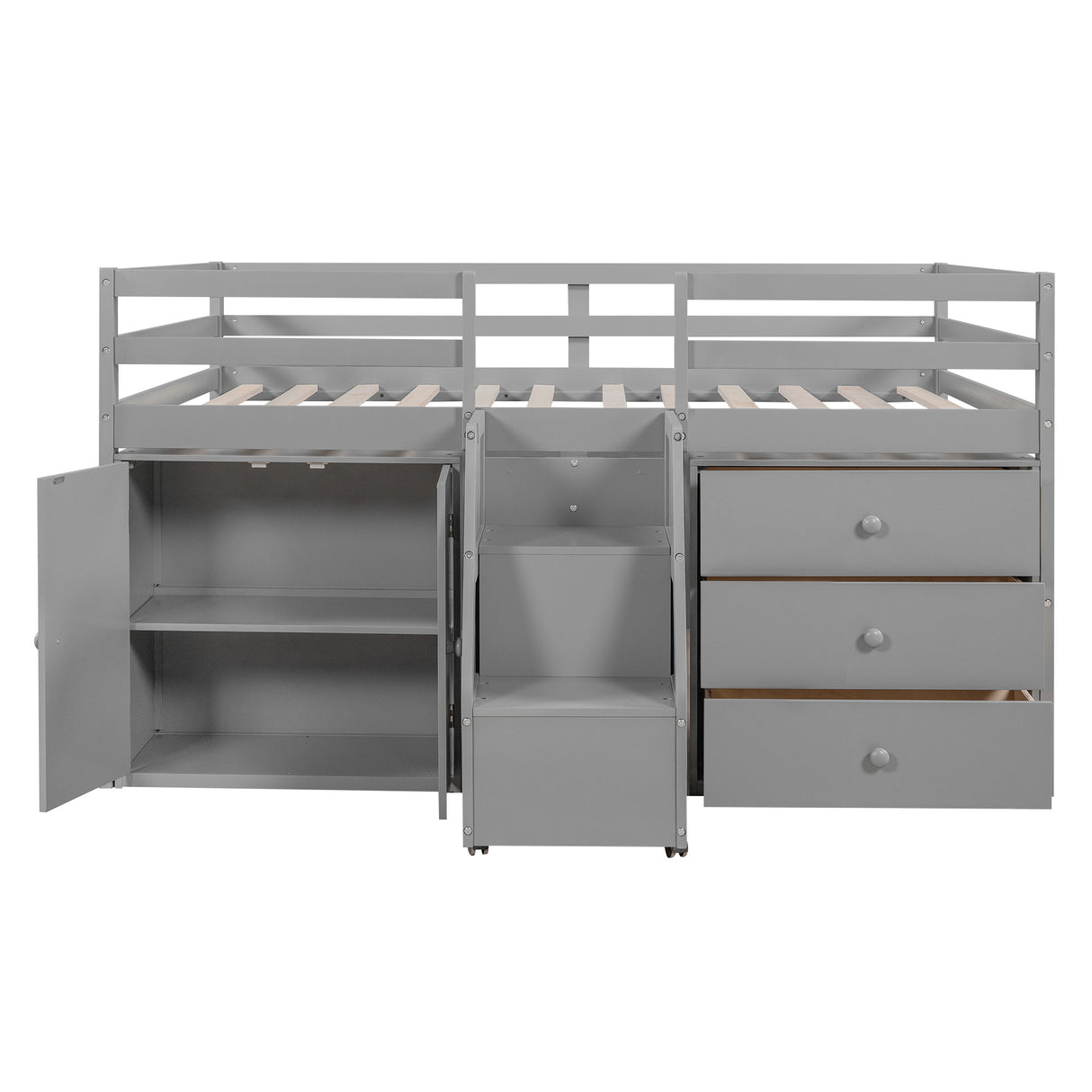 Full Size Functional Loft Bed with Cabinets and Drawers, Hanging Clothes at the back of the Staircase, Gray - Home Elegance USA