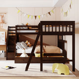 Twin over Full L-Shaped Bunk Bed With 3 Drawers, Ladder and Staircase - Espresso - Home Elegance USA