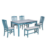 TOPMAX Mid-Century 6-Piece Wood Dining Table Set, Kitchen Table Set with Drawer, Upholstered Chairs and Bench, Antique Blue - Home Elegance USA