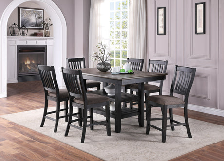 Transitional Dining Room 7pc Set Dark Coffee Rubberwood Counter Height Dining Table w 2x Shelfs and 6x High Chairs Fabric Upholstered seats Unique Back Counter Height Chairs - Home Elegance USA