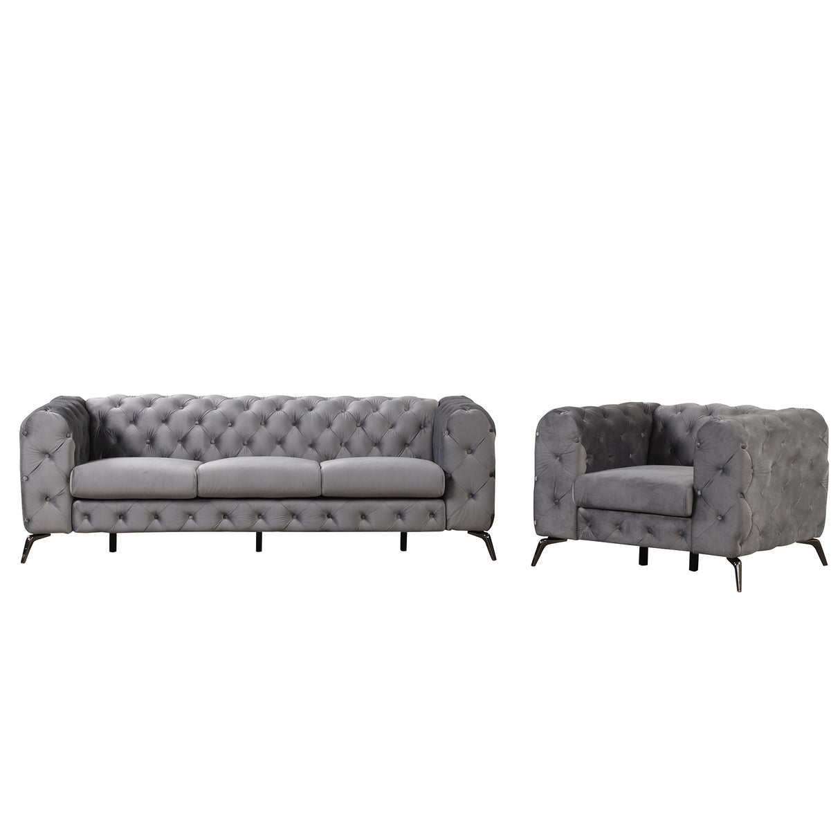 Modern 3-Piece Sofa Sets with Sturdy Metal Legs,Velvet Upholstered Couches Sets Including Three Seat Sofa, Loveseat and Single Chair for Living Room Furniture Set,Gray Home Elegance USA