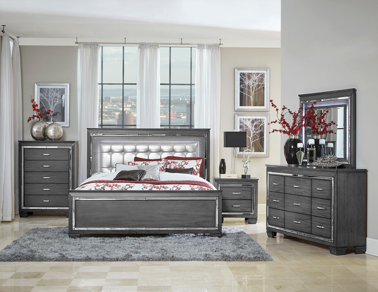 Glamourous Style 1pc Nightstand of 2x Drawers LED Lighting Faux Crystals Bar Pulls Gray Finish Modern Bedroom Furniture - Home Elegance USA