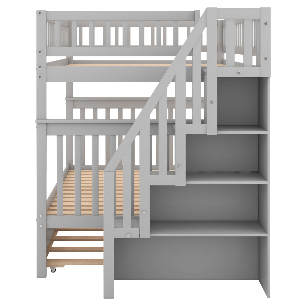 Full over Full Bunk Bed with Trundle and Staircase,Gray - Home Elegance USA