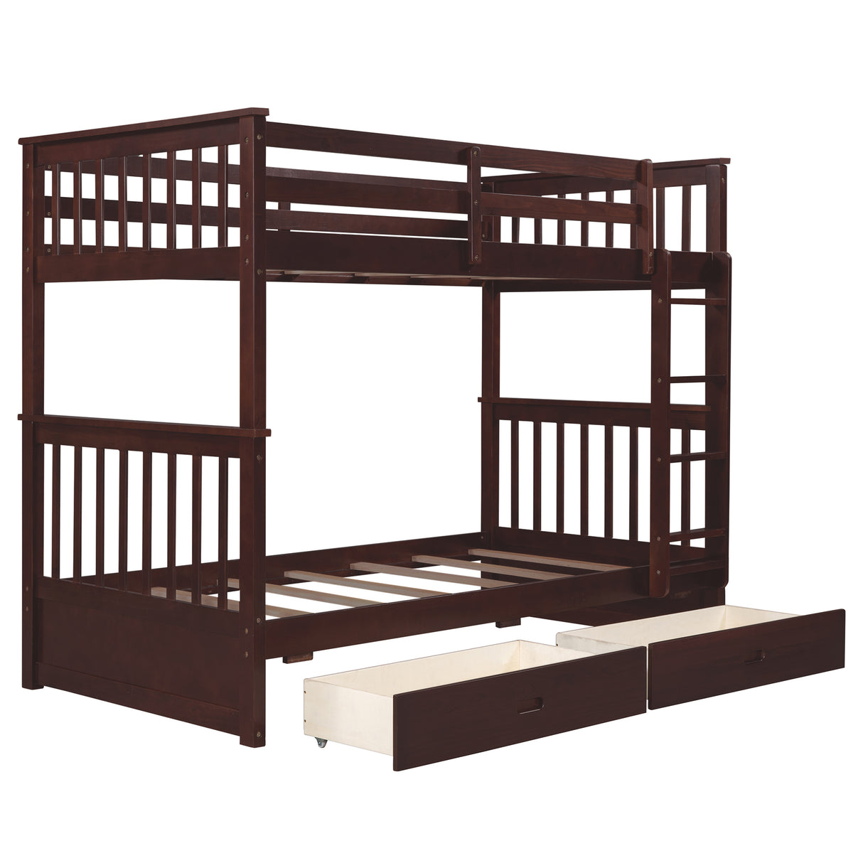 Twin-Over-Twin Bunk Bed with Ladders and Two Storage Drawers (Espresso) - Home Elegance USA