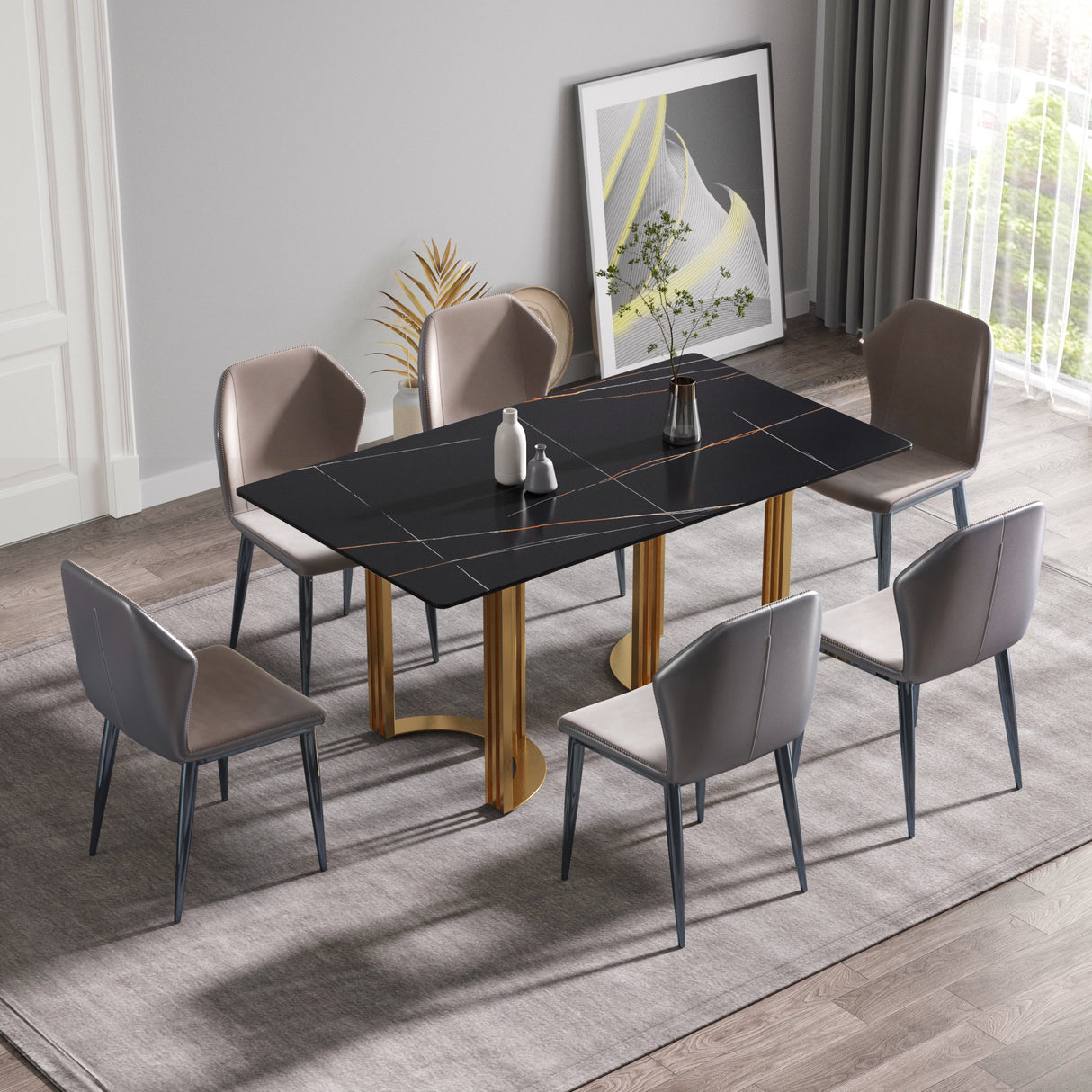 63"Modern artificial stone black straight edge golden metal leg dining table - 6 people - W1535S00074 - image - 2