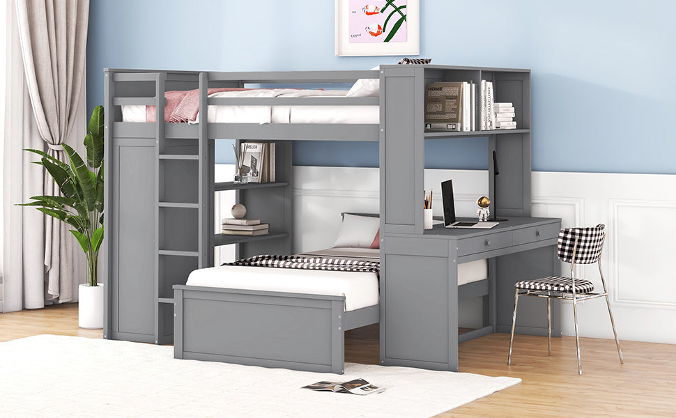 Full size Loft Bed with a twin size Stand-alone bed, Shelves,Desk,and Wardrobe-Gray - Home Elegance USA
