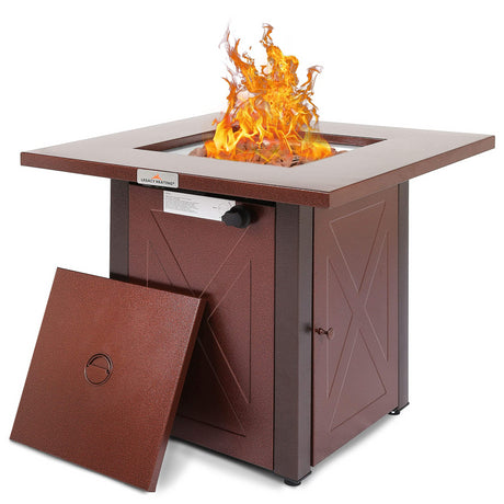 28" 50000 BTU Outdoor Propane Gas Fire Pits Table, Square Brown Texture Outdside Patio Firepits Fireplace Dinning Coffee Tables with Lid & Lava Rock, ETL-Certified, Fit for Courtyard, Patio, Balcony