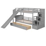 Twin over Twin Bunk Bed with Storage Staircase, Slide and Drawers, Desk with Drawers and Shelves, Gray - Home Elegance USA