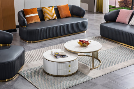 Modern Nesting MDF Coffee Table Set of 2, Round White End Table, Sintered Stone Appearance with Gold Finish Metal Base - Home Elegance USA