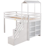 Twin over Full House Roof Bunk Bed with Staircase and Shelves, White - Home Elegance USA