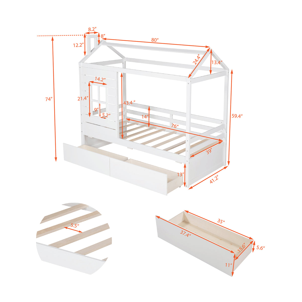 Twin Size House Bed Wood Bed with Two Drawers ( White ) - Home Elegance USA