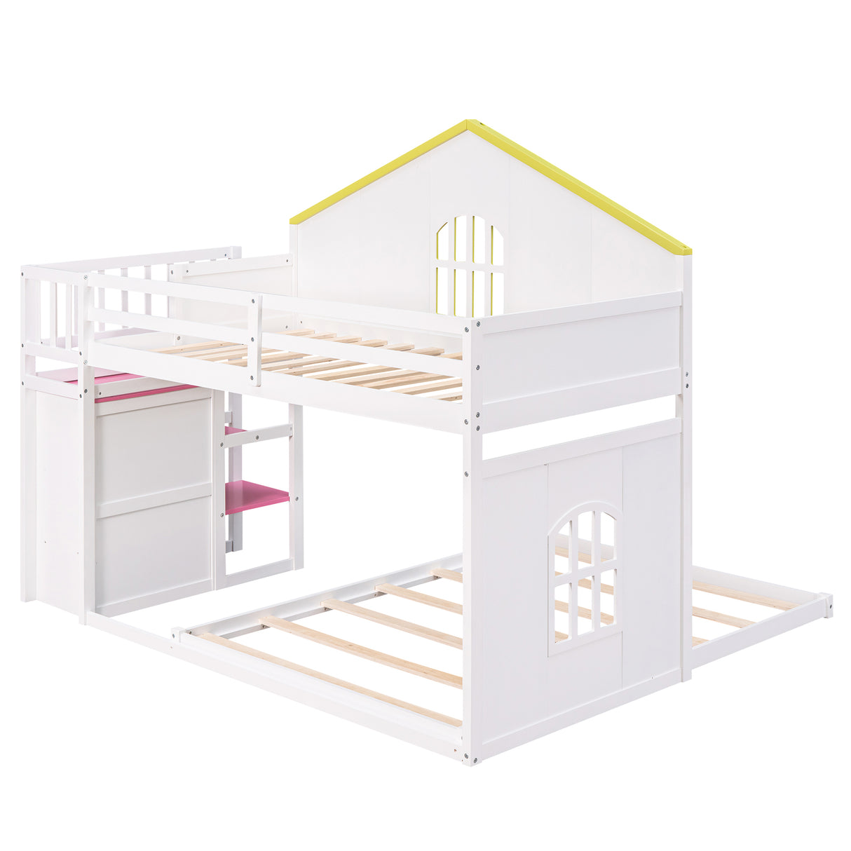 Twin over Full House Bunk Bed with Pink Staircase and Drawer,  Shelves Under the Staircase, House Shaped Bed with Windows, White - Home Elegance USA