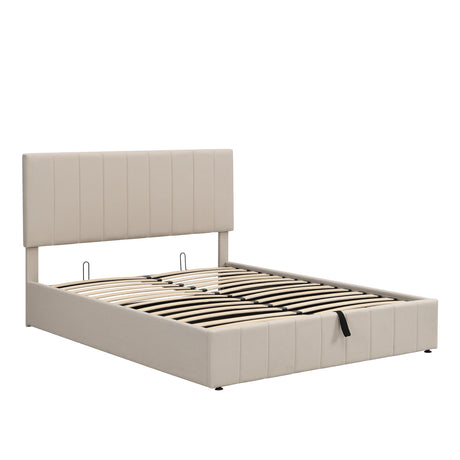 Queen size Upholstered Platform bed with a Hydraulic Storage System - Beige - Home Elegance USA