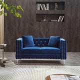 2 Piece Modern Velvet Living Room Set with Sofa and Loveseat,Jeweled Button Tufted Copper Nails Square Arms,4 Pillows Included,Blue | Home Elegance USA