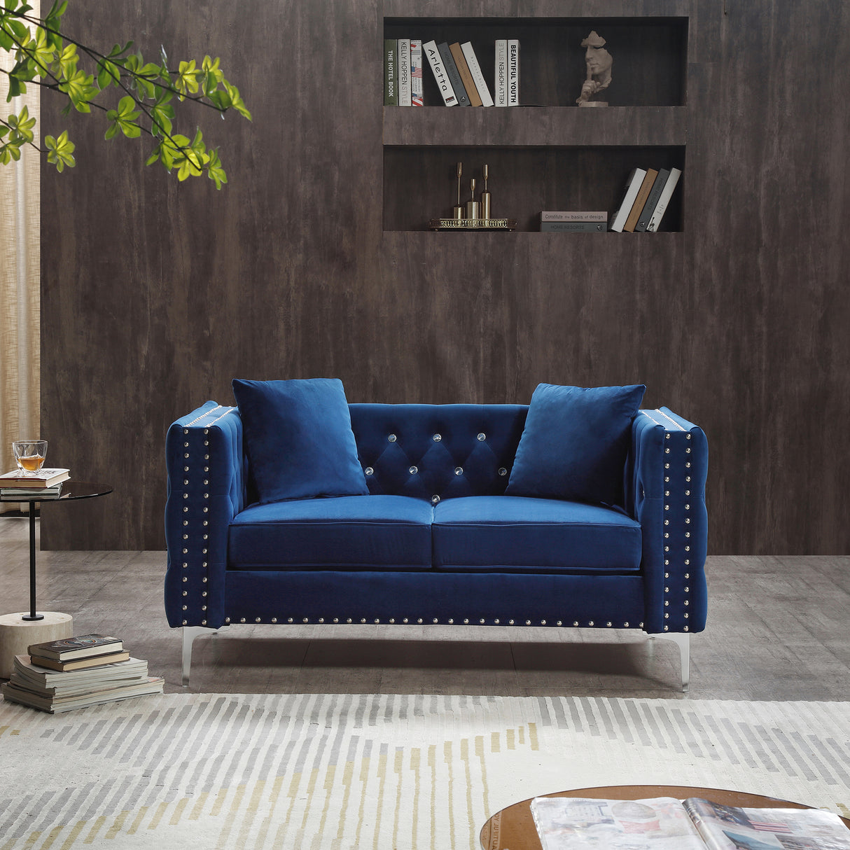 59.4 Inch Wide Blue Velvet Sofa with Jeweled buttons,Square Arm ,2 Pillows - W1117S00009 - image - 14