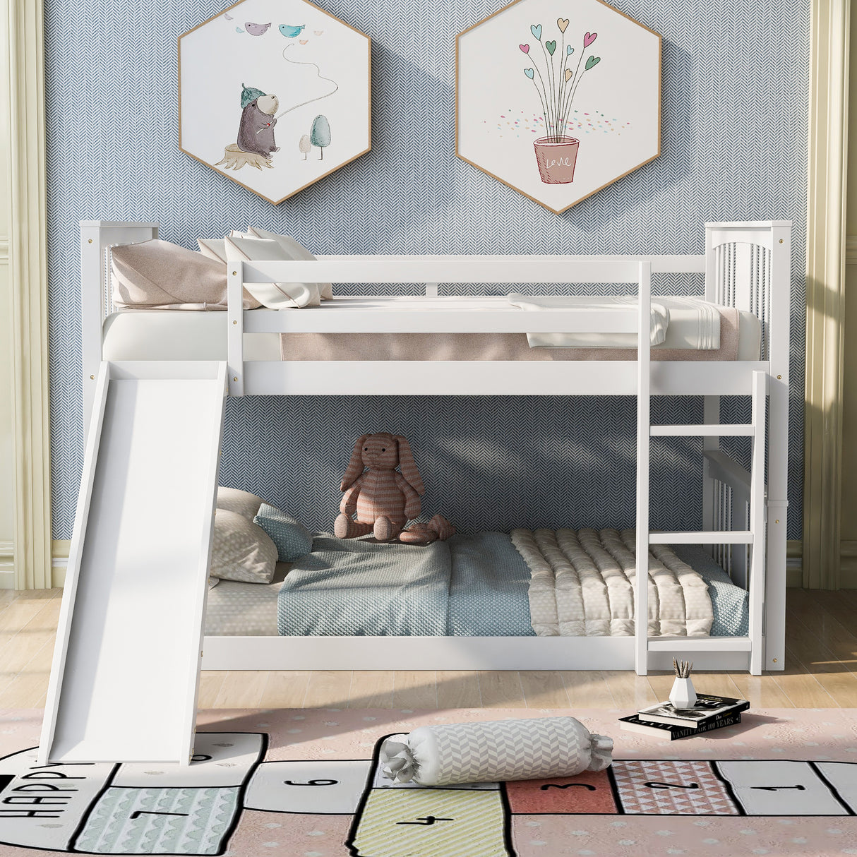 Full Over Full Bunk Bed with Ladder with Slide, White (Old SKU :LP000208AAK) - Home Elegance USA