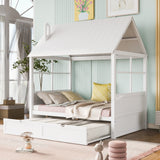 Full Size Wood House Bed With Twin Size Trundle, Wooden Daybed, White