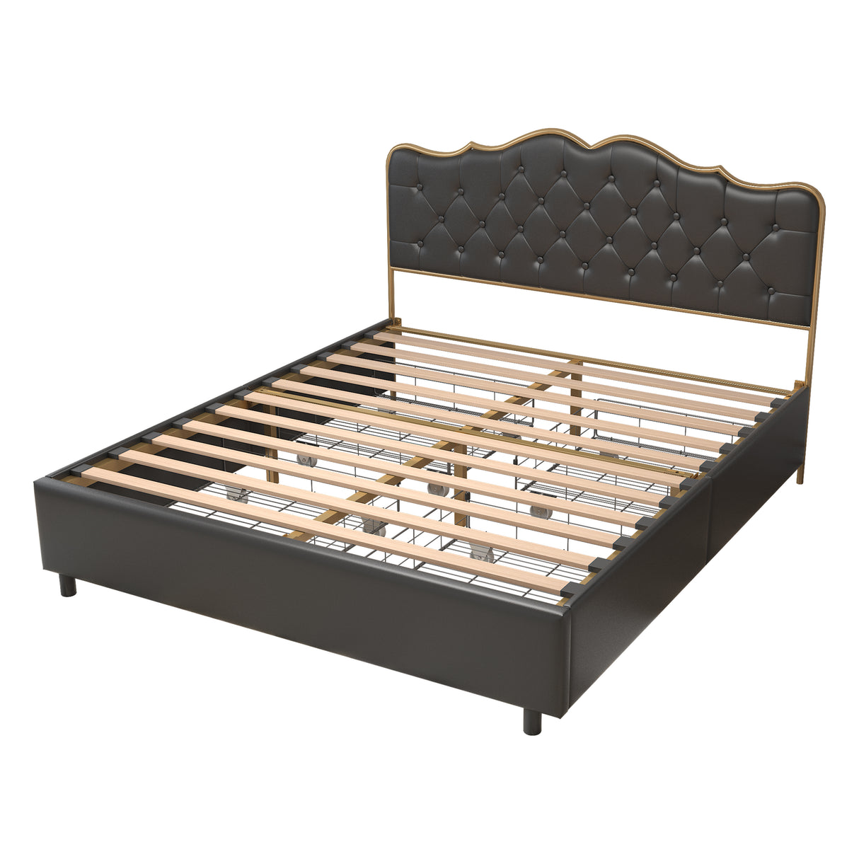 Black, Full-size bed. Classic buckle backrest, metal frame, solid wood ribs, with four storage drawers, sponge soft bag, comfortable and elegant atmosphere. - Home Elegance USA